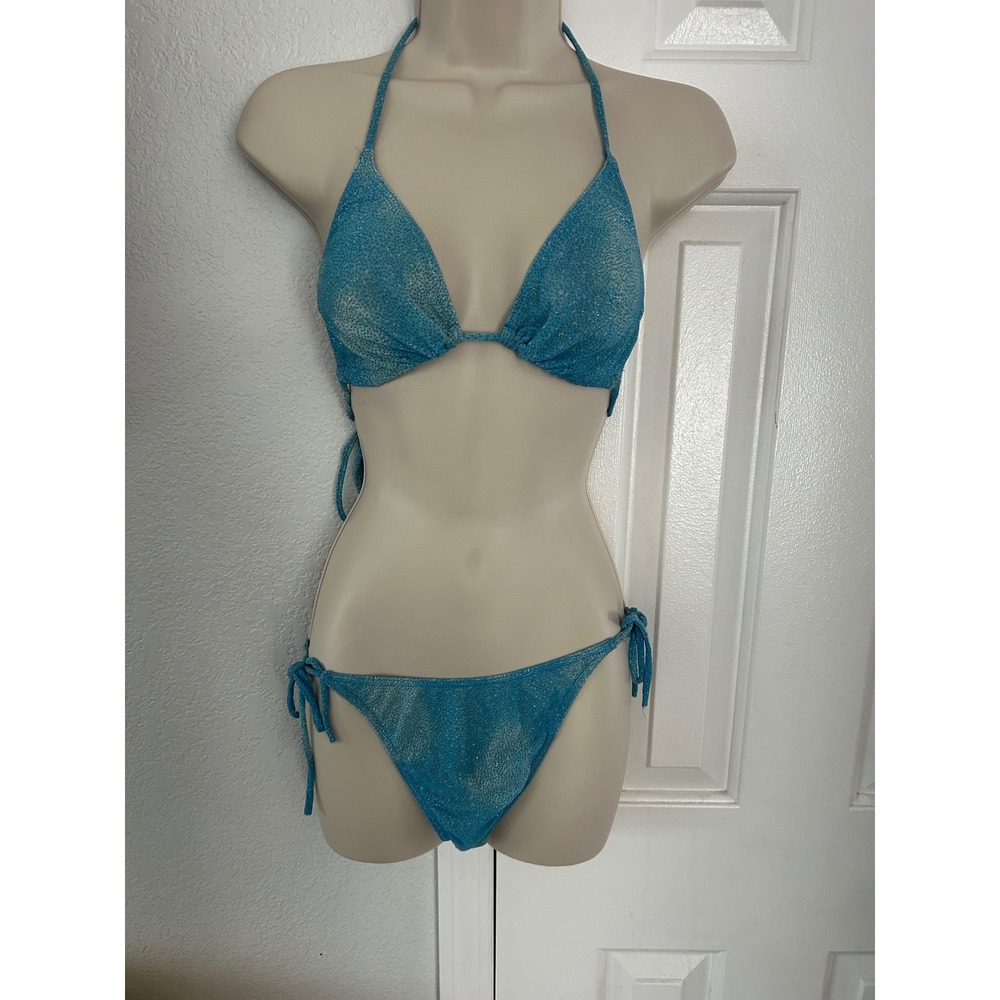 Y2KSolar Blue Metallic Shimmer Triangle Bikini sheer Swimsuit Made in Poland vtg